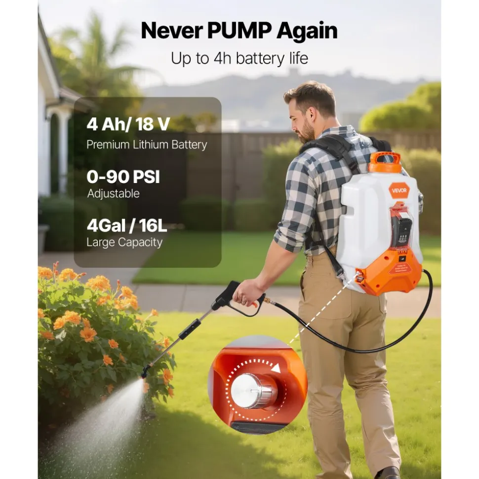 VEVOR Battery Powered Backpack Sprayer, 4 Gallons Electric Backpack Sprayer, 2 Wands & 8 Nozzles, Adjustable 0-90 PSI, 4H Runtime, Portable Yard Garden Lawn Sprayers for Weeding Spraying Cleaning