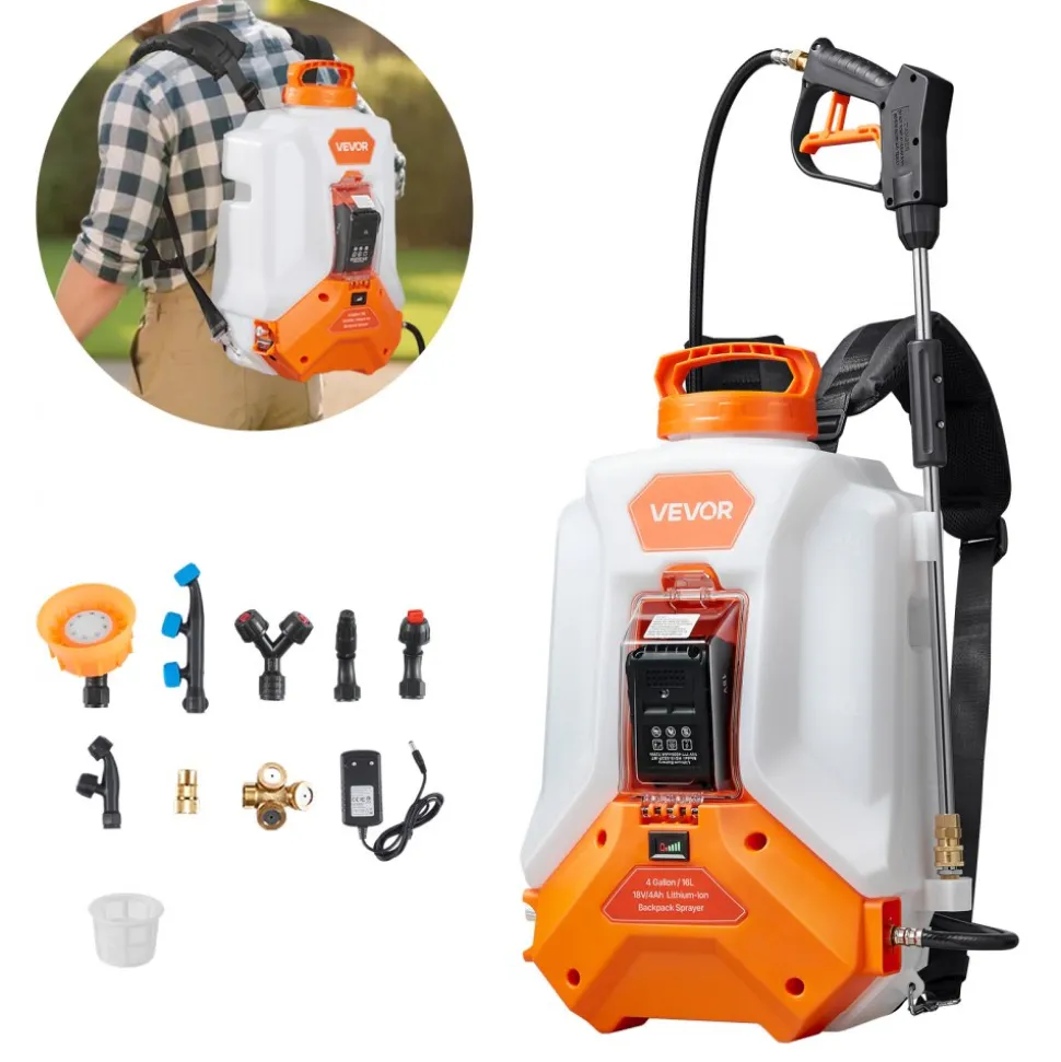 VEVOR Battery Powered Backpack Sprayer, 4 Gallons Electric Backpack Sprayer, 2 Wands & 8 Nozzles, Adjustable 0-90 PSI, 4H Runtime, Portable Yard Garden Lawn Sprayers for Weeding Spraying Cleaning