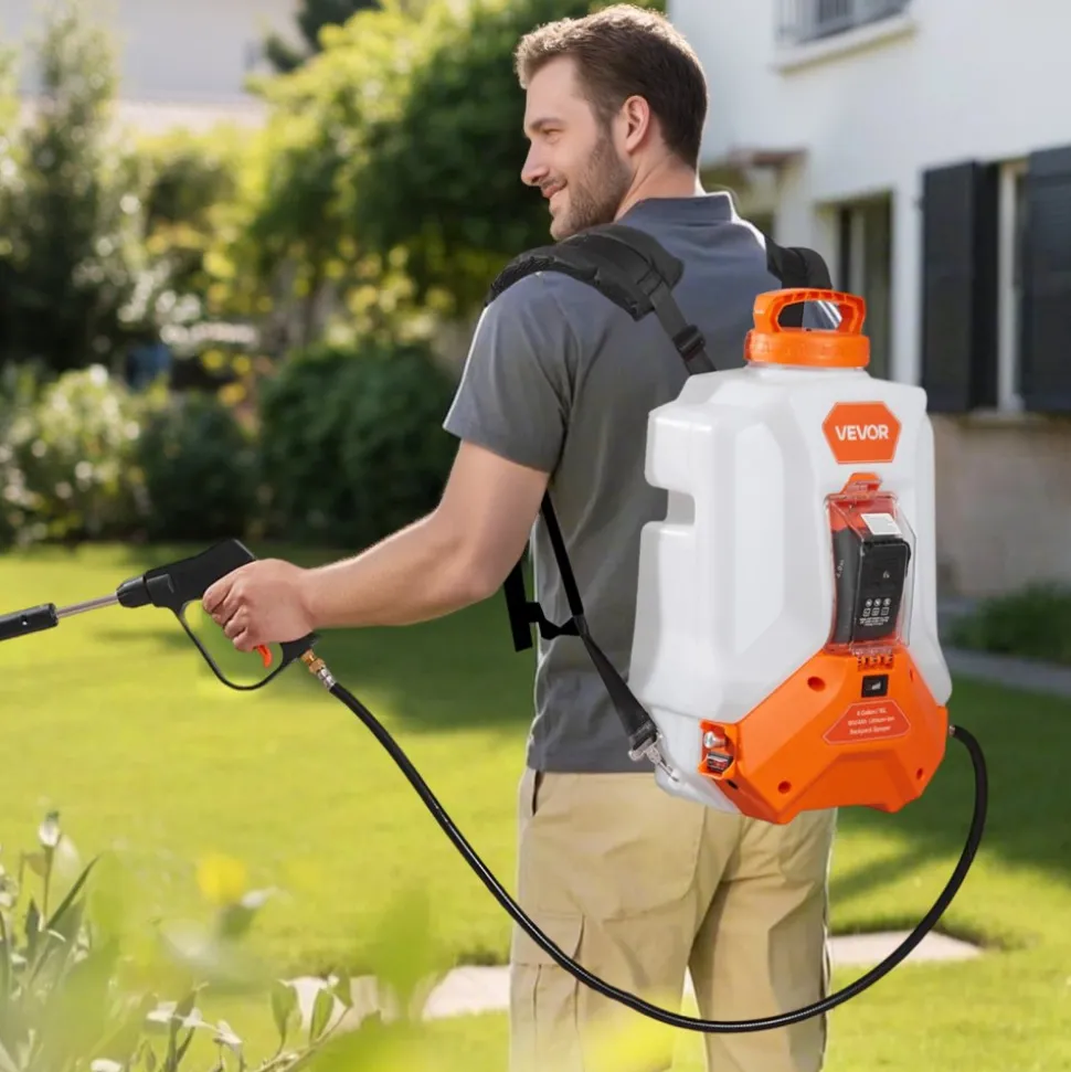 VEVOR Battery Powered Backpack Sprayer, 4 Gallons Electric Backpack Sprayer, 2 Wands & 8 Nozzles, Adjustable 0-90 PSI, 4H Runtime, Portable Yard Garden Lawn Sprayers for Weeding Spraying Cleaning