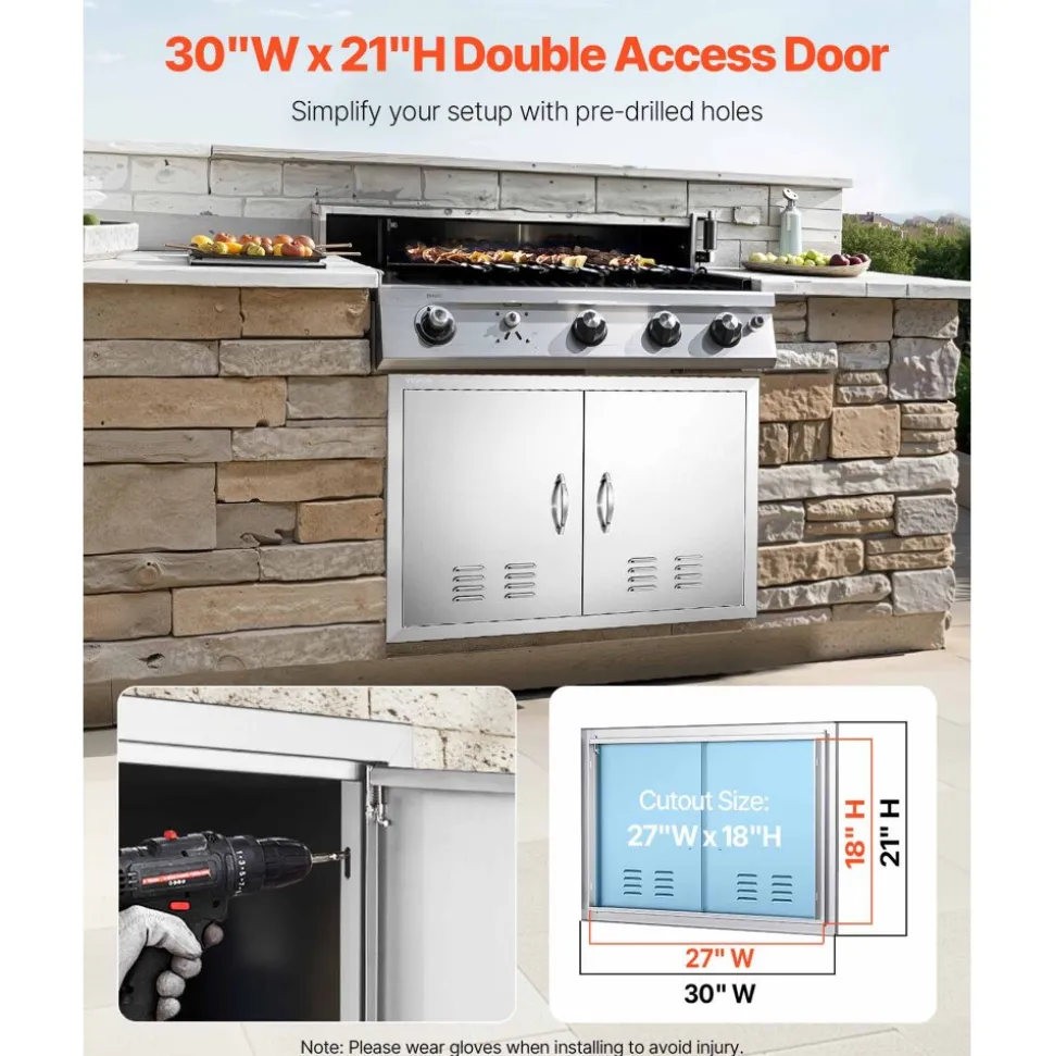 VEVOR BBQ Access Door, 30W x 21H Inch Double Outdoor Kitchen Door, Stainless Steel Flush Mount Door, Wall Vertical Door with Handles and Vents, for BBQ Island, Grilling Station, Outside Cabinet