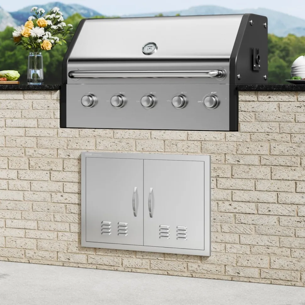 VEVOR BBQ Access Door, 30W x 21H Inch Double Outdoor Kitchen Door, Stainless Steel Flush Mount Door, Wall Vertical Door with Handles and Vents, for BBQ Island, Grilling Station, Outside Cabinet