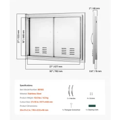 VEVOR BBQ Access Door, 30W x 21H Inch Double Outdoor Kitchen Door, Stainless Steel Flush Mount Door, Wall Vertical Door with Handles and Vents, for BBQ Island, Grilling Station, Outside Cabinet
