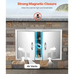 VEVOR BBQ Access Door, 30W x 21H Inch Double Outdoor Kitchen Door, Stainless Steel Flush Mount Door, Wall Vertical Door with Handles and Vents, for BBQ Island, Grilling Station, Outside Cabinet