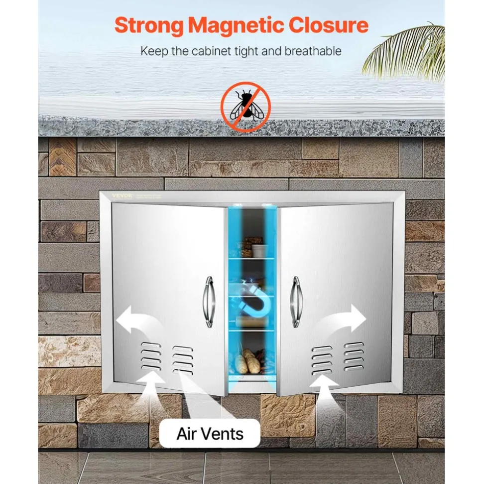 VEVOR BBQ Access Door, 30W x 21H Inch Double Outdoor Kitchen Door, Stainless Steel Flush Mount Door, Wall Vertical Door with Handles and Vents, for BBQ Island, Grilling Station, Outside Cabinet