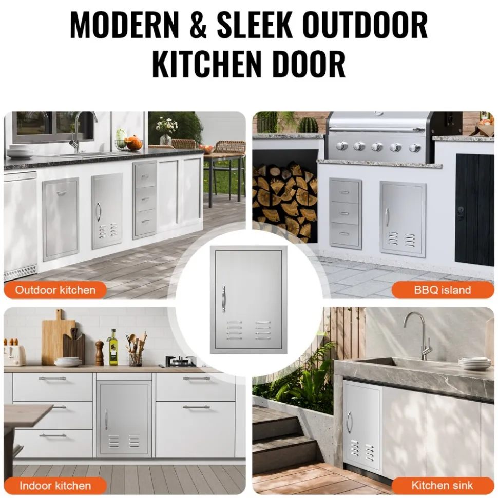 VEVOR BBQ Access Door, 17W x 24H Inch Single Outdoor Kitchen Door, Stainless Steel Flush Mount Door, Wall Vertical Door with Handle, Vents and Hook, for BBQ Island, Grilling Station, Outside Cabinet