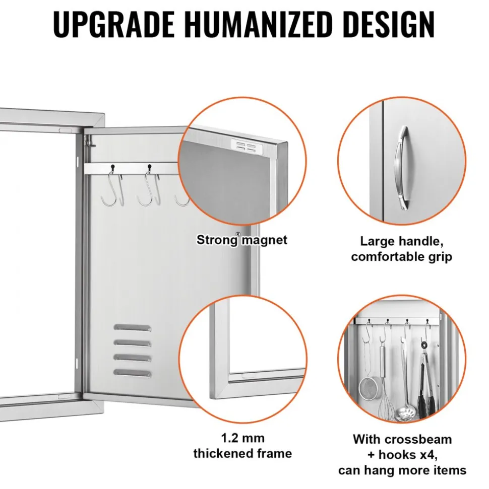 VEVOR BBQ Access Door, 17W x 24H Inch Single Outdoor Kitchen Door, Stainless Steel Flush Mount Door, Wall Vertical Door with Handle, Vents and Hook, for BBQ Island, Grilling Station, Outside Cabinet