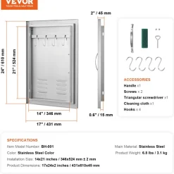 VEVOR BBQ Access Door, 17W x 24H Inch Single Outdoor Kitchen Door, Stainless Steel Flush Mount Door, Wall Vertical Door with Handle, Vents and Hook, for BBQ Island, Grilling Station, Outside Cabinet