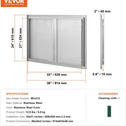 VEVOR BBQ Access Door, 36W x 24H Inch Double Outdoor Kitchen Door, Stainless Steel Flush Mount Door, Wall Vertical Door with Recessed Handles , for BBQ Island, Grilling Station, Outside Cabinet