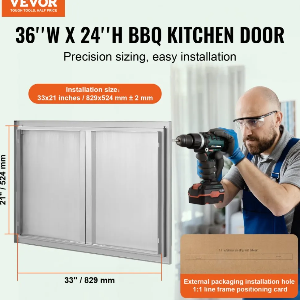 VEVOR BBQ Access Door, 26W x 24H Inch Double Outdoor Kitchen Door, Stainless Steel Flush Mount Door, Wall Vertical Door with Recessed Handles , for BBQ Island, Grilling Station, Outside Cabinet