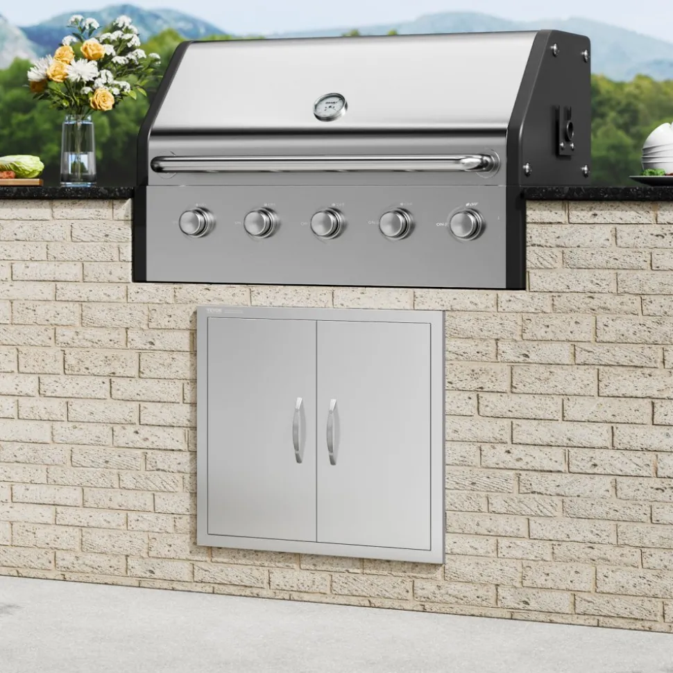 VEVOR BBQ Access Door, 26W x 24H Inch Double Outdoor Kitchen Door, Stainless Steel Flush Mount Door, Wall Vertical Door with Handles, for BBQ Island, Grilling Station, Outside Cabinet