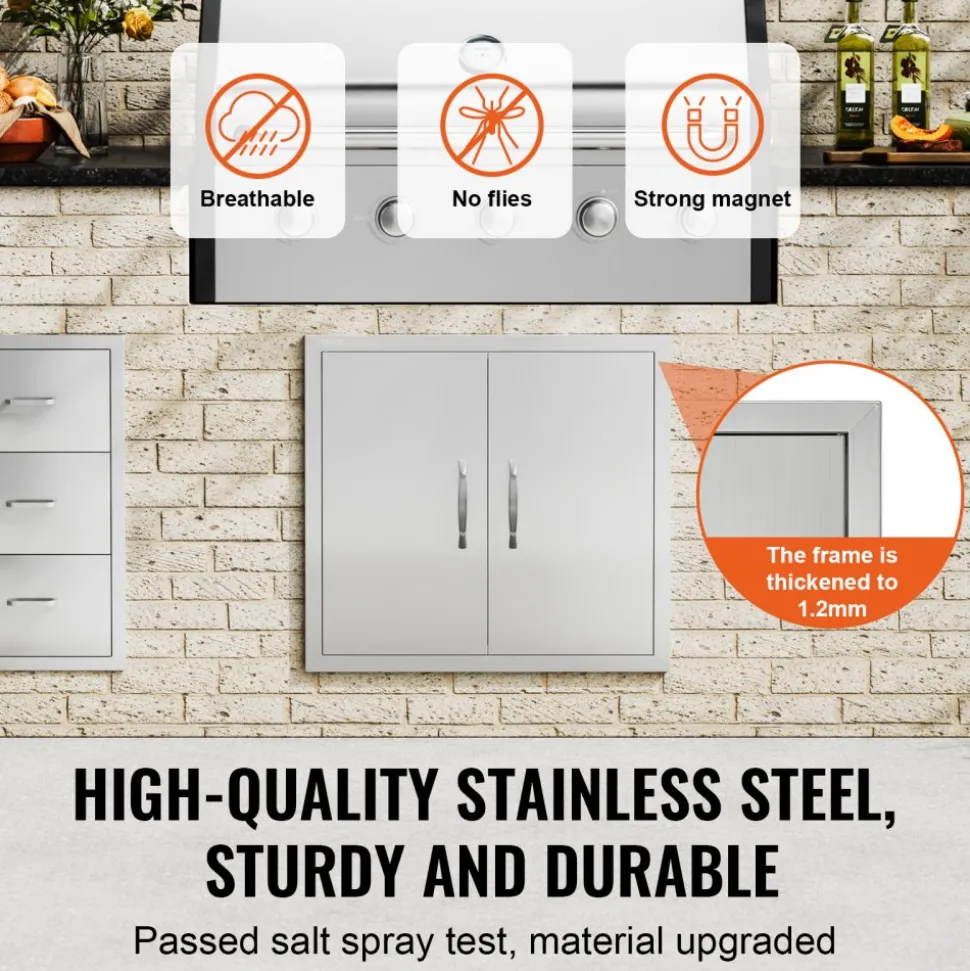 VEVOR BBQ Access Door, 26W x 24H Inch Double Outdoor Kitchen Door, Stainless Steel Flush Mount Door, Wall Vertical Door with Handles, for BBQ Island, Grilling Station, Outside Cabinet