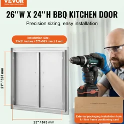 VEVOR BBQ Access Door, 26W x 24H Inch Double Outdoor Kitchen Door, Stainless Steel Flush Mount Door, Wall Vertical Door with Handles, for BBQ Island, Grilling Station, Outside Cabinet
