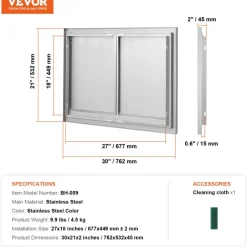 VEVOR BBQ Access Door, 30W x 21H Inch Double Outdoor Kitchen Door, Stainless Steel Flush Mount Door, Wall Vertical Door with Recessed Handles , for BBQ Island, Grilling Station, Outside Cabinet