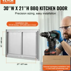 VEVOR BBQ Access Door, 30W x 21H Inch Double Outdoor Kitchen Door, Stainless Steel Flush Mount Door, Wall Vertical Door with Recessed Handles , for BBQ Island, Grilling Station, Outside Cabinet