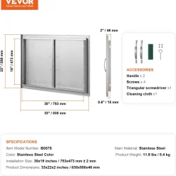 VEVOR BBQ Access Door, 33W x 22H Inch Double Outdoor Kitchen Door, Stainless Steel Flush Mount Door, Wall Vertical Door with Handles, for BBQ Island, Grilling Station, Outside Cabinet
