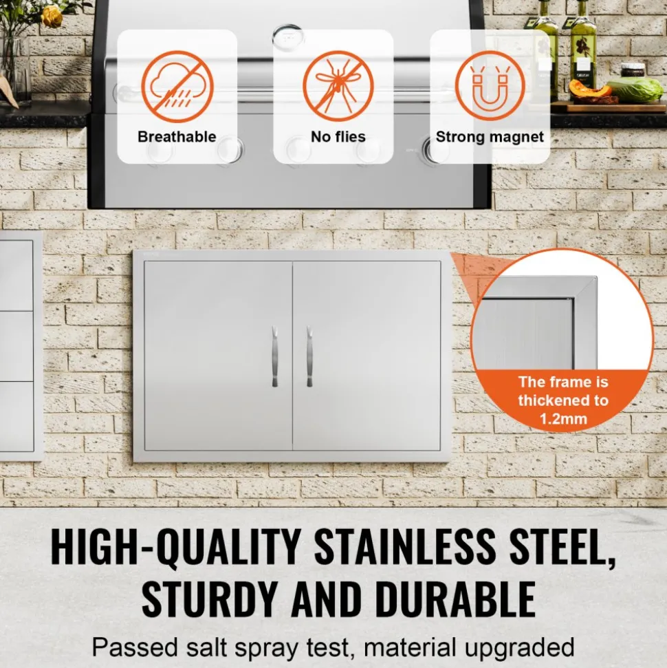 VEVOR BBQ Access Door, 33W x 22H Inch Double Outdoor Kitchen Door, Stainless Steel Flush Mount Door, Wall Vertical Door with Handles, for BBQ Island, Grilling Station, Outside Cabinet