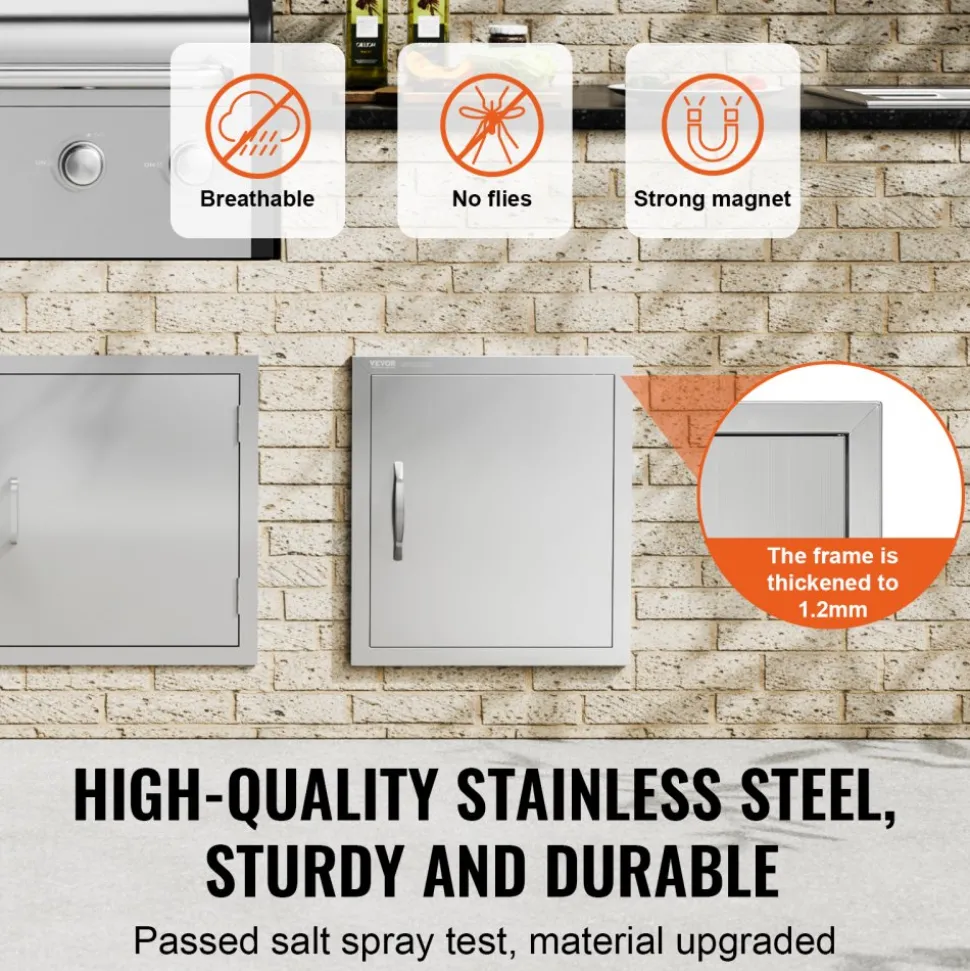 VEVOR BBQ Access Door, 18W x 20H Inch Single Outdoor Kitchen Door, Stainless Steel Flush Mount Door, Wall Vertical Door with Handle and Hook, for BBQ Island, Grilling Station, Outside Cabinet