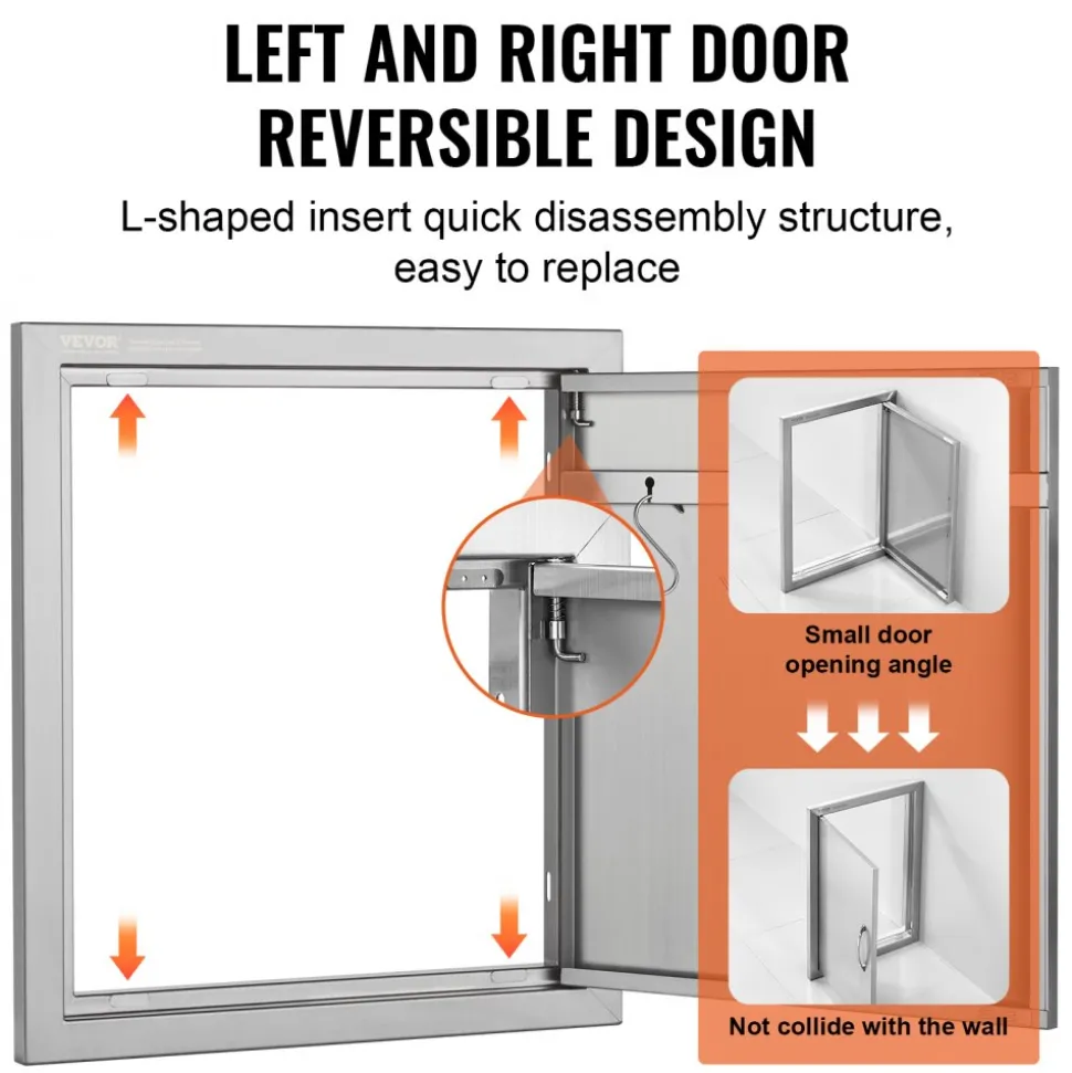 VEVOR BBQ Access Door, 18W x 20H Inch Single Outdoor Kitchen Door, Stainless Steel Flush Mount Door, Wall Vertical Door with Handle and Hook, for BBQ Island, Grilling Station, Outside Cabinet