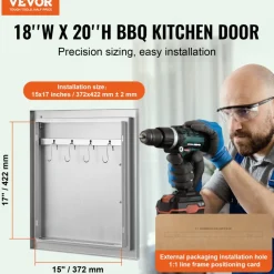 VEVOR BBQ Access Door, 18W x 20H Inch Single Outdoor Kitchen Door, Stainless Steel Flush Mount Door, Wall Vertical Door with Handle and Hook, for BBQ Island, Grilling Station, Outside Cabinet