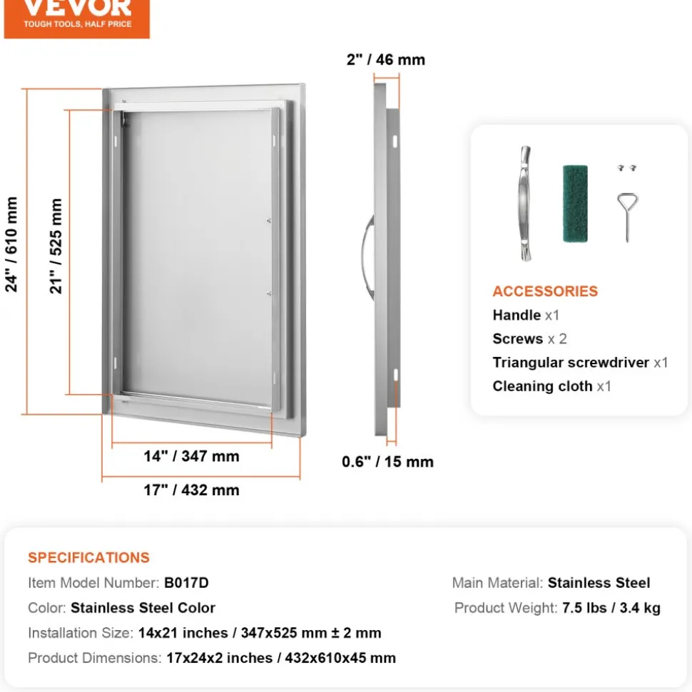 VEVOR BBQ Access Door, 17W x 24H Inch Single Outdoor Kitchen Door, Stainless Steel Flush Mount Door, Wall Vertical Door with Handle, for BBQ Island, Grilling Station, Outside Cabinet