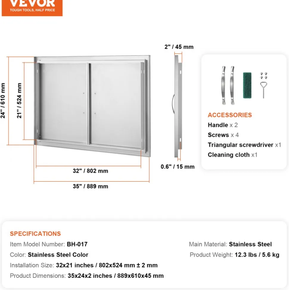 VEVOR BBQ Access Door, 28W x 19H Inch Double Outdoor Kitchen Door, Stainless Steel Flush Mount Door, Wall Vertical Door with Handles, for BBQ Island, Grilling Station, Outside Cabinet