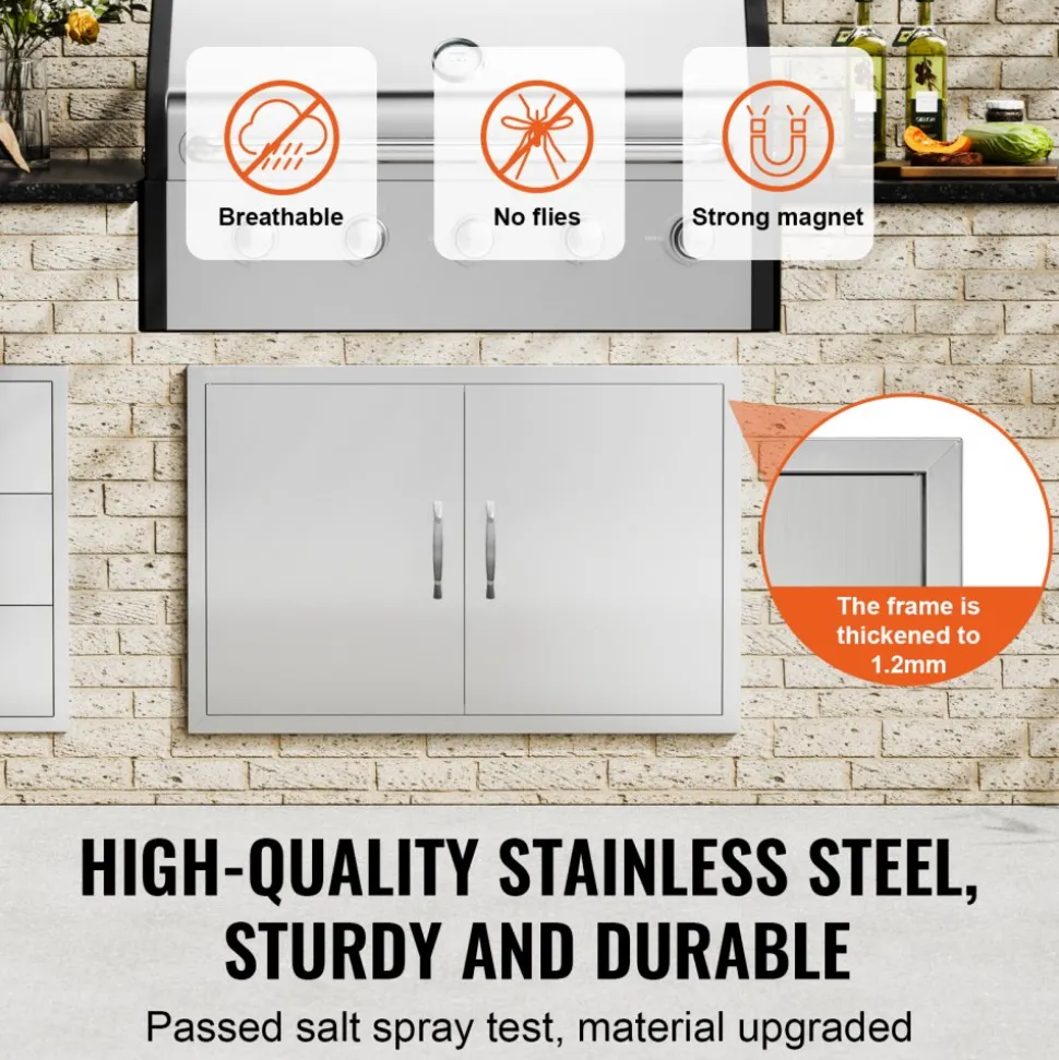 VEVOR BBQ Access Door, 28W x 19H Inch Double Outdoor Kitchen Door, Stainless Steel Flush Mount Door, Wall Vertical Door with Handles, for BBQ Island, Grilling Station, Outside Cabinet