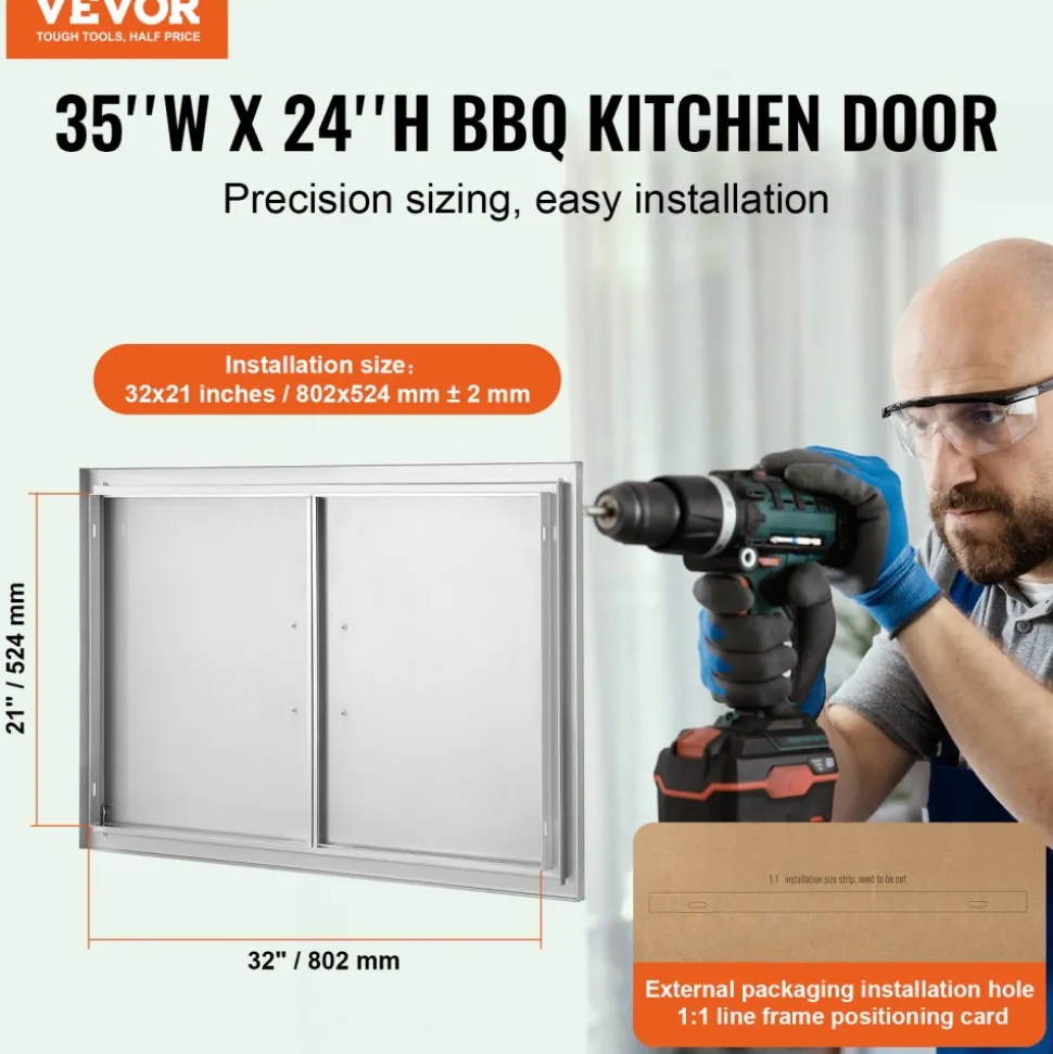 VEVOR BBQ Access Door, 28W x 19H Inch Double Outdoor Kitchen Door, Stainless Steel Flush Mount Door, Wall Vertical Door with Handles, for BBQ Island, Grilling Station, Outside Cabinet
