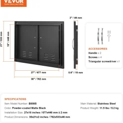 VEVOR BBQ Access Door, 30W x 21H Inch Double Outdoor Kitchen Door, Cold Plate Flush Mount Door, Wall Vertical Door with Handles and Ventss, for BBQ Island, Grilling Station, Outside Cabinet