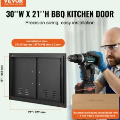 VEVOR BBQ Access Door, 30W x 21H Inch Double Outdoor Kitchen Door, Cold Plate Flush Mount Door, Wall Vertical Door with Handles and Ventss, for BBQ Island, Grilling Station, Outside Cabinet