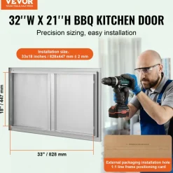 VEVOR BBQ Access Door, 36W x 21H Inch Double Outdoor Kitchen Door, Stainless Steel Flush Mount Door, Wall Vertical Door with Recessed Handles , for BBQ Island, Grilling Station, Outside Cabinet