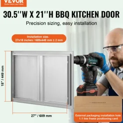 VEVOR BBQ Access Door, 30W x 21H Inch Double Outdoor Kitchen Door, Stainless Steel Flush Mount Door, Wall Vertical Door with Recessed Handles , for BBQ Island, Grilling Station, Outside Cabinet