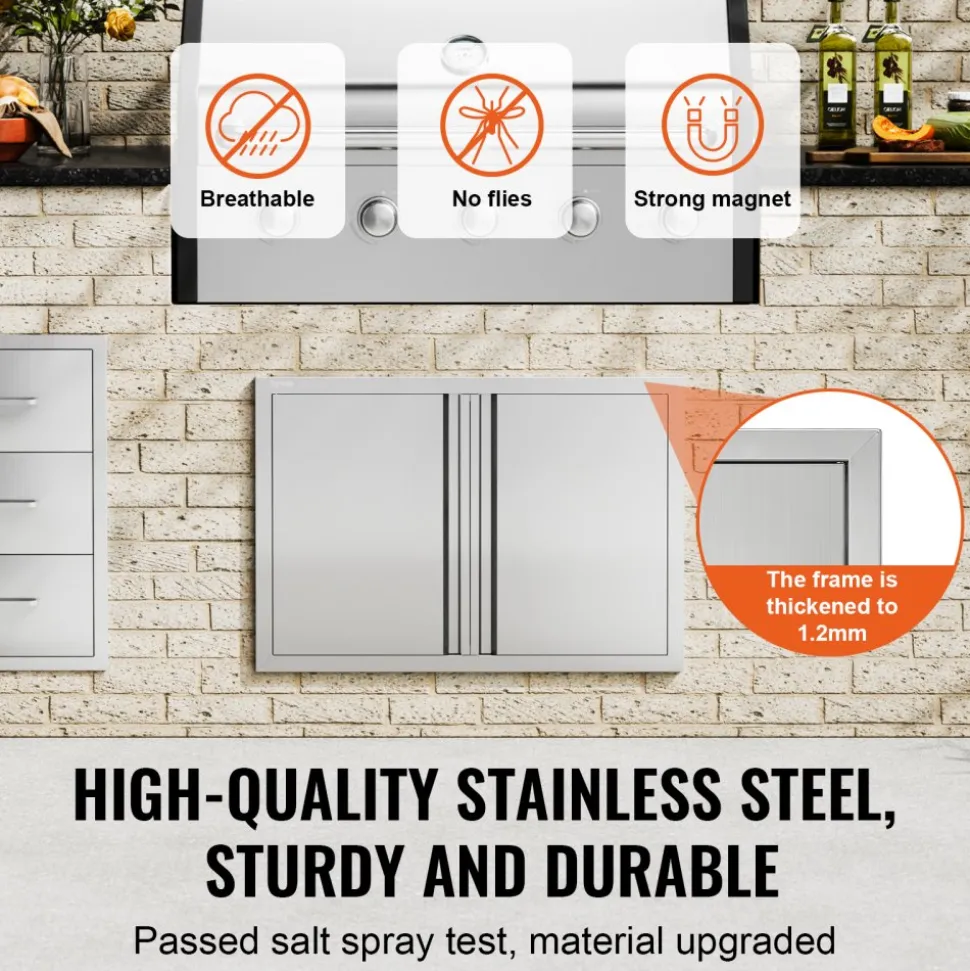 VEVOR BBQ Access Door, 30W x 21H Inch Double Outdoor Kitchen Door, Stainless Steel Flush Mount Door, Wall Vertical Door with Recessed Handles , for BBQ Island, Grilling Station, Outside Cabinet