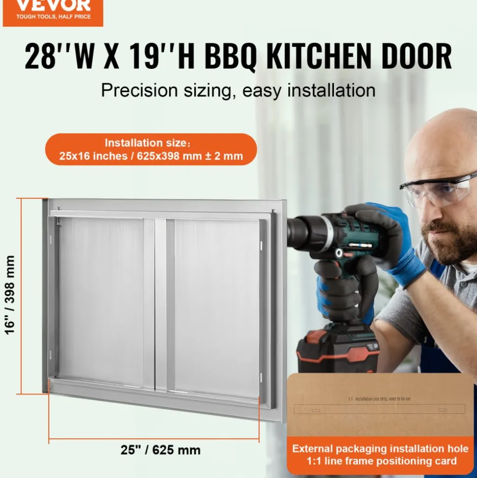 VEVOR BBQ Access Door, 17W x 24H Inch Single Outdoor Kitchen Door, Stainless Steel Flush Mount Door, Wall Vertical Door with Recessed Handle, for BBQ Island, Grilling Station, Outside Cabinet