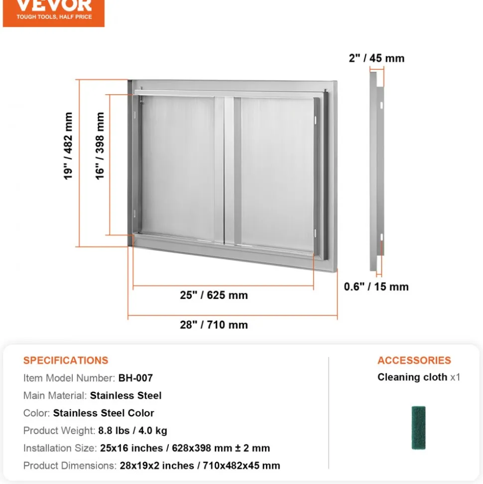 VEVOR BBQ Access Door, 17W x 24H Inch Single Outdoor Kitchen Door, Stainless Steel Flush Mount Door, Wall Vertical Door with Recessed Handle, for BBQ Island, Grilling Station, Outside Cabinet