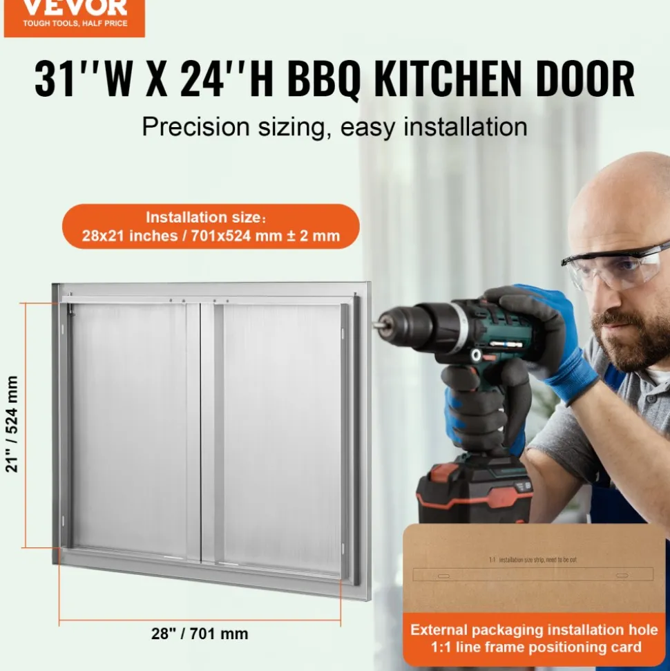 VEVOR BBQ Access Door, 31W x 24H Inch Double Outdoor Kitchen Door, Stainless Steel Flush Mount Door, Wall Vertical Door with Recessed Handles , for BBQ Island, Grilling Station, Outside Cabinet