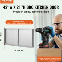 VEVOR BBQ Access Door, 42W x 21H Inch Double Outdoor Kitchen Door, Stainless Steel Flush Mount Door, Wall Vertical Door with Handles, for BBQ Island, Grilling Station, Outside Cabinet