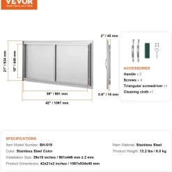 VEVOR BBQ Access Door, 42W x 21H Inch Double Outdoor Kitchen Door, Stainless Steel Flush Mount Door, Wall Vertical Door with Handles, for BBQ Island, Grilling Station, Outside Cabinet