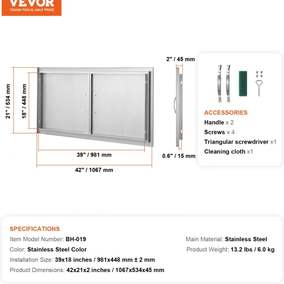 VEVOR BBQ Access Door, 42W x 21H Inch Double Outdoor Kitchen Door, Stainless Steel Flush Mount Door, Wall Vertical Door with Handles, for BBQ Island, Grilling Station, Outside Cabinet