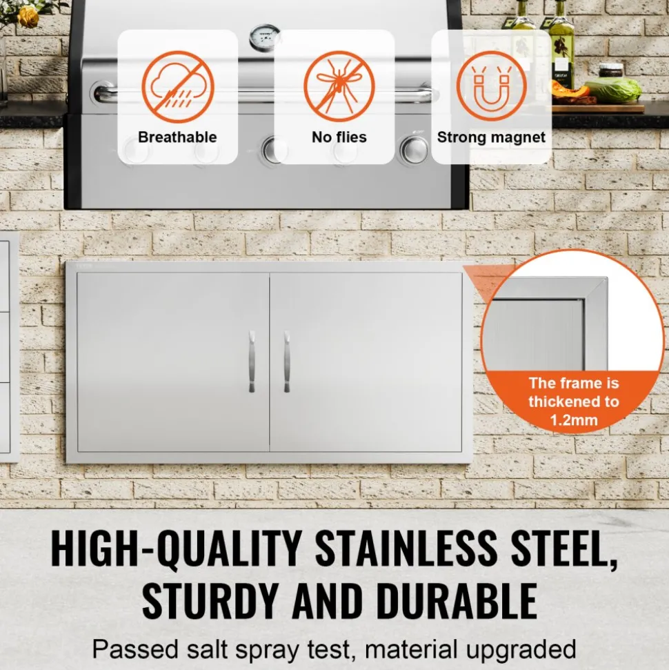 VEVOR BBQ Access Door, 42W x 21H Inch Double Outdoor Kitchen Door, Stainless Steel Flush Mount Door, Wall Vertical Door with Handles, for BBQ Island, Grilling Station, Outside Cabinet