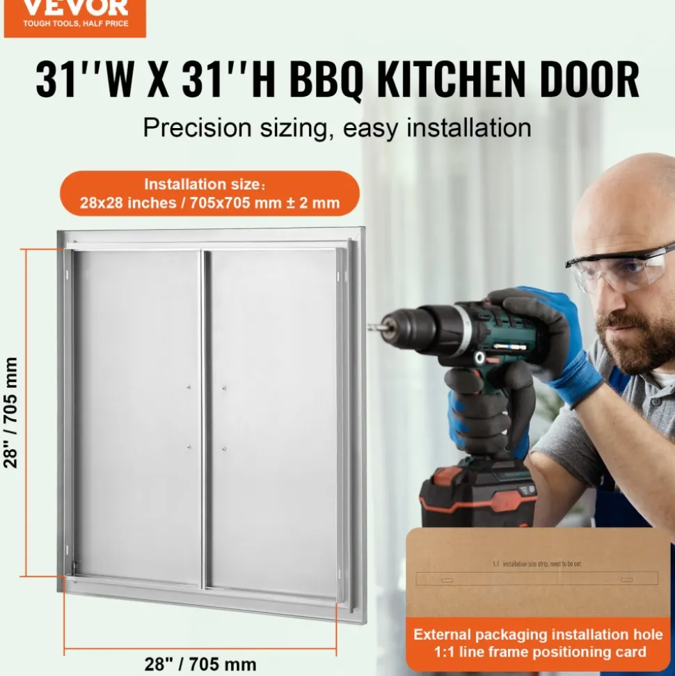 VEVOR BBQ Access Door, 31W x 31H Inch Double Outdoor Kitchen Door, Stainless Steel Flush Mount Door, Wall Vertical Door with Handles, for BBQ Island, Grilling Station, Outside Cabinet