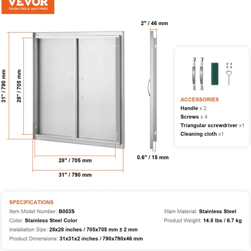 VEVOR BBQ Access Door, 31W x 31H Inch Double Outdoor Kitchen Door, Stainless Steel Flush Mount Door, Wall Vertical Door with Handles, for BBQ Island, Grilling Station, Outside Cabinet