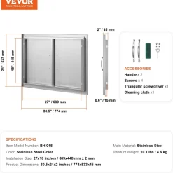 VEVOR BBQ Access Door, 20W x 27H Inch Single Outdoor Kitchen Door, Stainless Steel Flush Mount Door, Wall Vertical Door with Handle, for BBQ Island, Grilling Station, Outside Cabinet