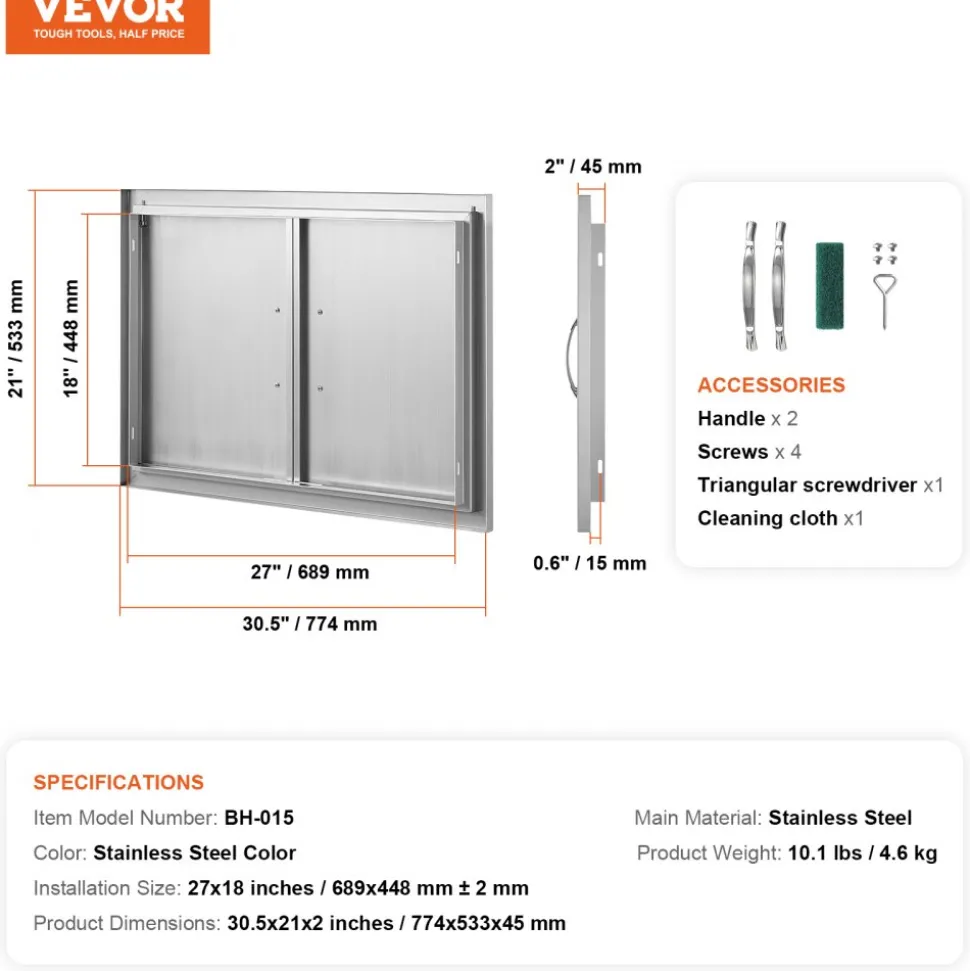 VEVOR BBQ Access Door, 20W x 27H Inch Single Outdoor Kitchen Door, Stainless Steel Flush Mount Door, Wall Vertical Door with Handle, for BBQ Island, Grilling Station, Outside Cabinet