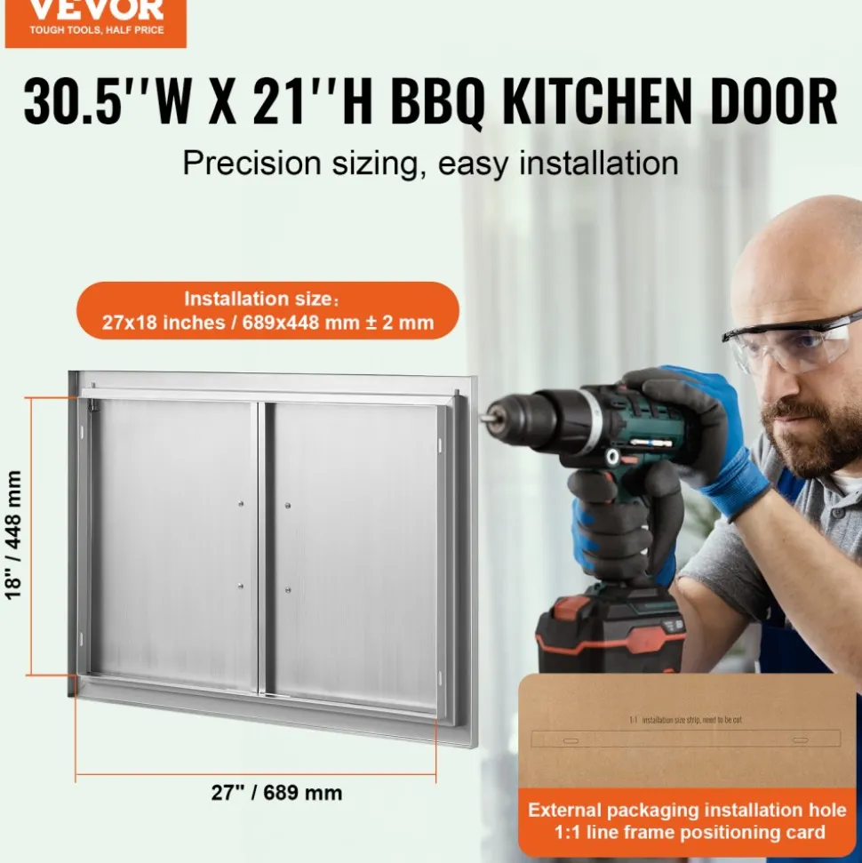 VEVOR BBQ Access Door, 20W x 27H Inch Single Outdoor Kitchen Door, Stainless Steel Flush Mount Door, Wall Vertical Door with Handle, for BBQ Island, Grilling Station, Outside Cabinet