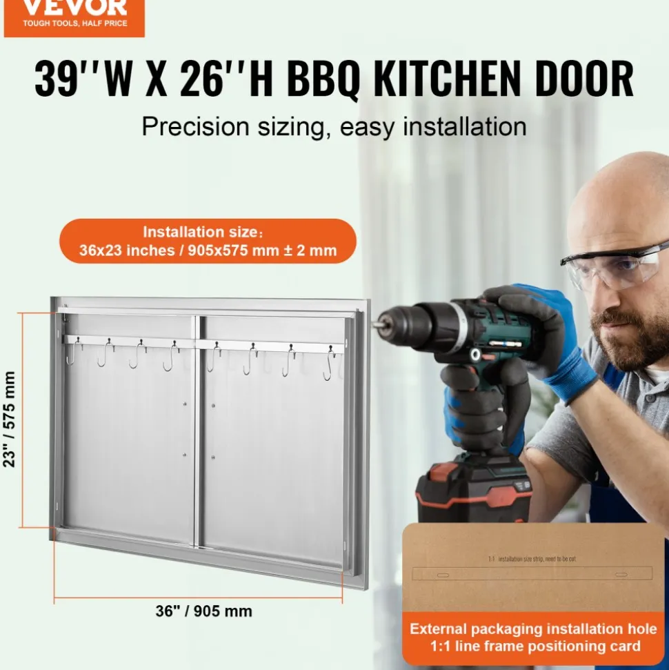 VEVOR BBQ Access Door, 39W x 26H Inch Double Outdoor Kitchen Door, Stainless Steel Flush Mount Door, Wall Vertical Door with Handles and Hooks, for BBQ Island, Grilling Station, Outside Cabinet