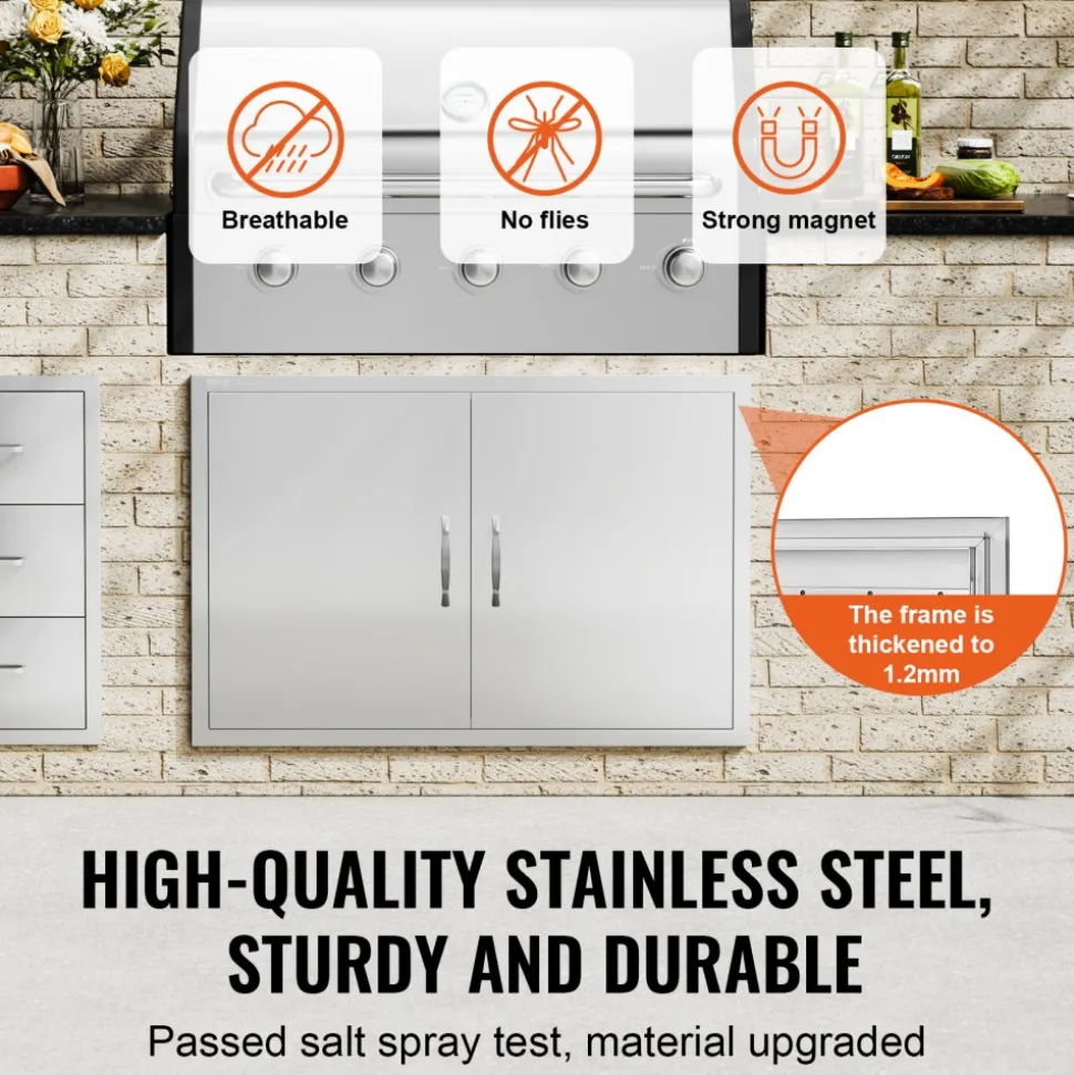 VEVOR BBQ Access Door, 39W x 26H Inch Double Outdoor Kitchen Door, Stainless Steel Flush Mount Door, Wall Vertical Door with Handles and Hooks, for BBQ Island, Grilling Station, Outside Cabinet