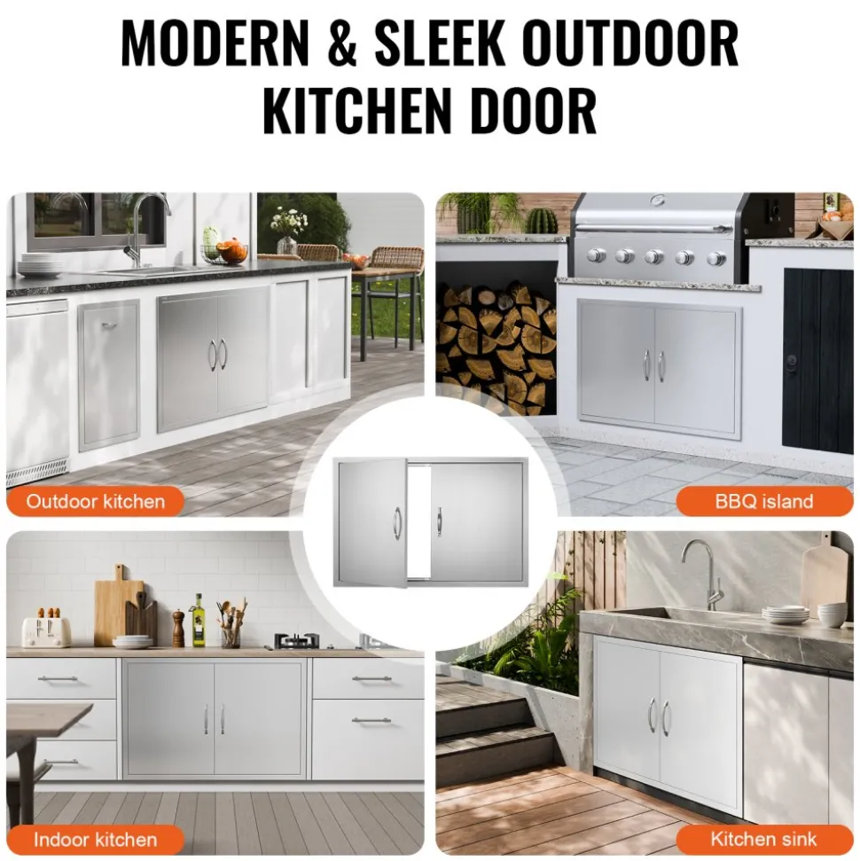 VEVOR BBQ Access Door, 39W x 26H Inch Double Outdoor Kitchen Door, Stainless Steel Flush Mount Door, Wall Vertical Door with Handles and Hooks, for BBQ Island, Grilling Station, Outside Cabinet