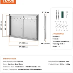 VEVOR BBQ Access Door, 39W x 26H Inch Double Outdoor Kitchen Door, Stainless Steel Flush Mount Door, Wall Vertical Door with Handles and Hooks, for BBQ Island, Grilling Station, Outside Cabinet