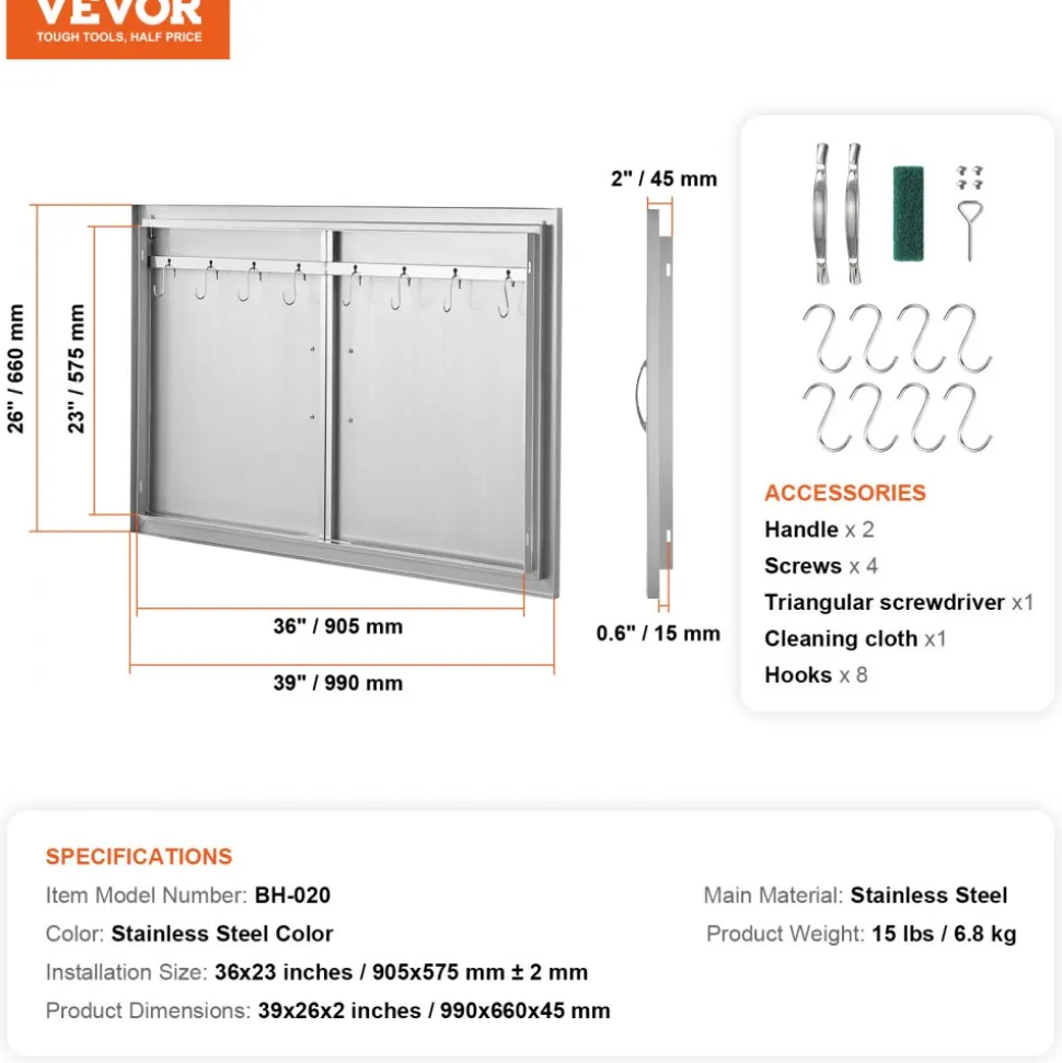 VEVOR BBQ Access Door, 39W x 26H Inch Double Outdoor Kitchen Door, Stainless Steel Flush Mount Door, Wall Vertical Door with Handles and Hooks, for BBQ Island, Grilling Station, Outside Cabinet