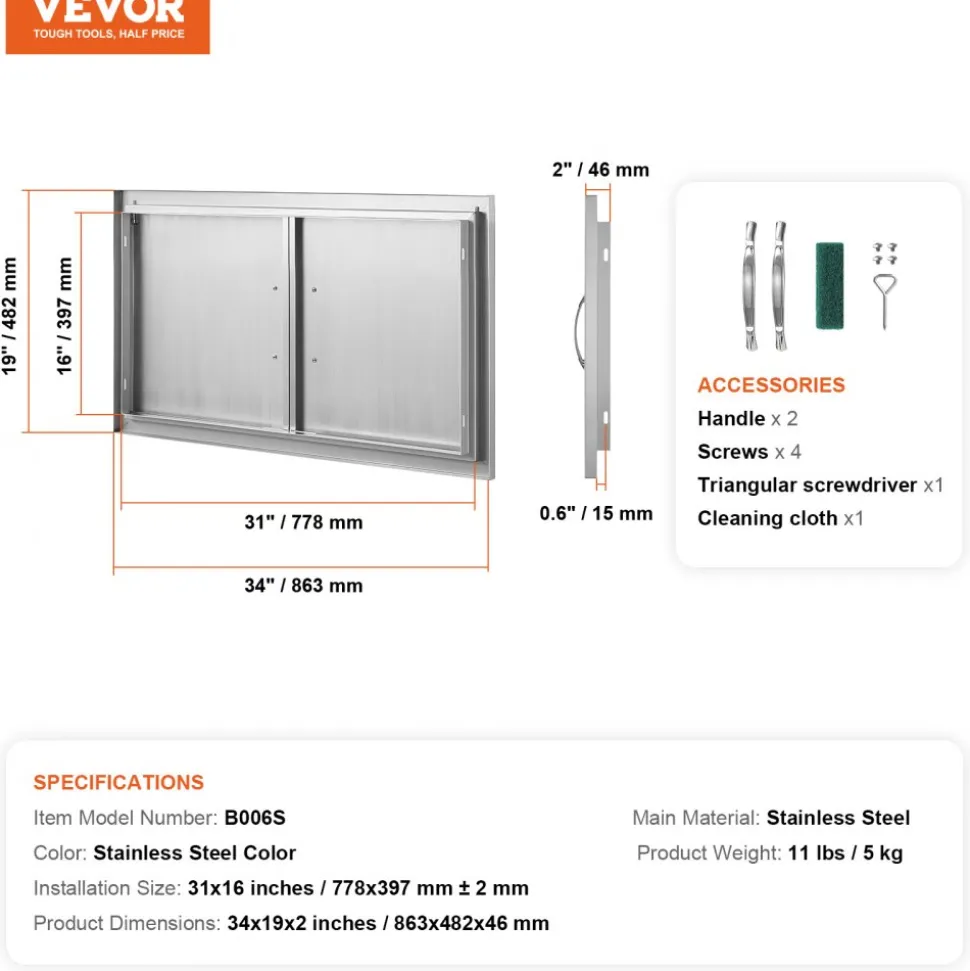 VEVOR BBQ Access Door, 34W x 19H Inch Double Outdoor Kitchen Door, Stainless Steel Flush Mount Door, Wall Vertical Door with Handles, for BBQ Island, Grilling Station, Outside Cabinet